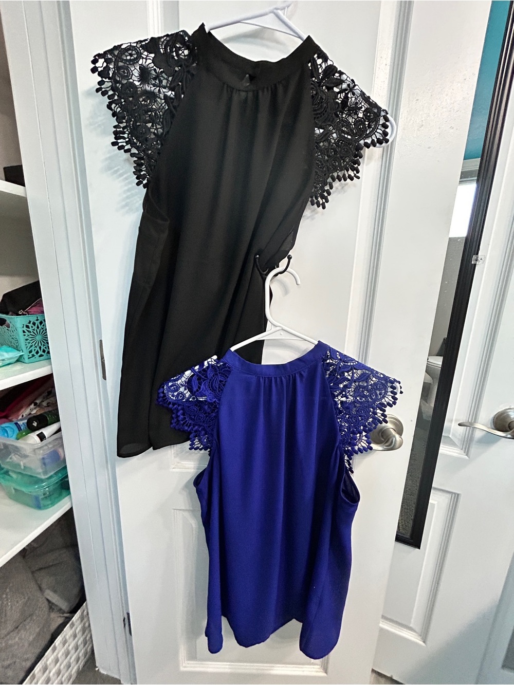 Express Women's Lace Sleeve Sleeveless Blouse - Black and Royal Blue
